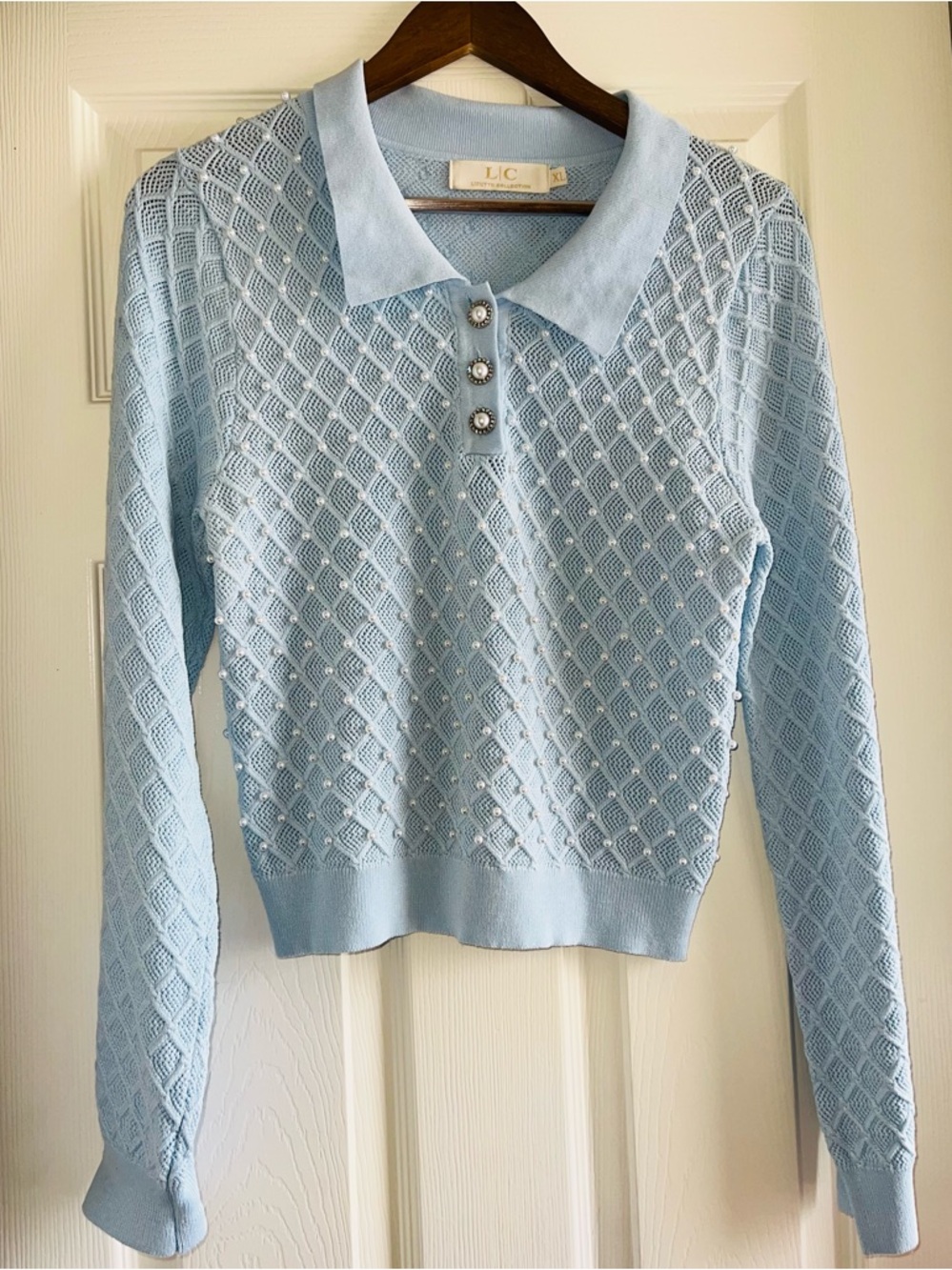L.C. Light Blue Embellished V-Neck Knit Sweater
